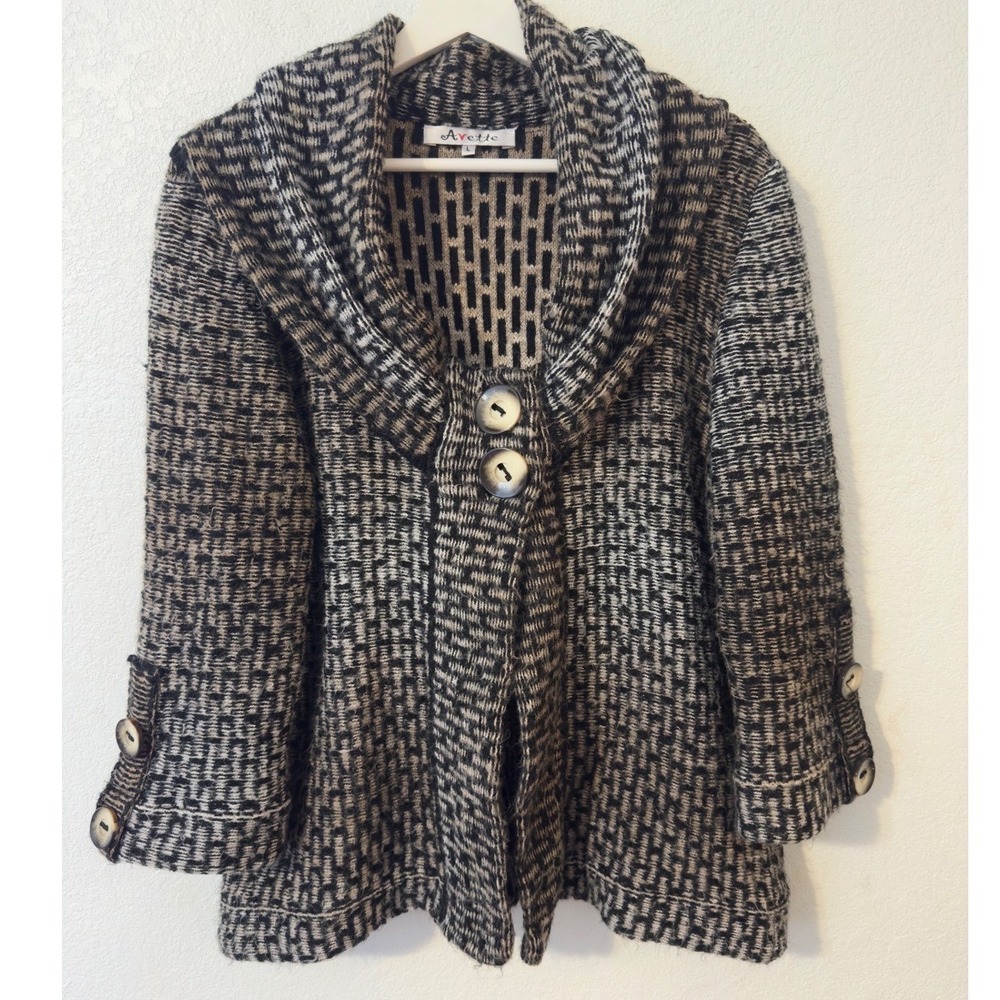 Avette Womens Shawl Collar Jacket Cardigan Sweater Knit Large Black Tan Textured